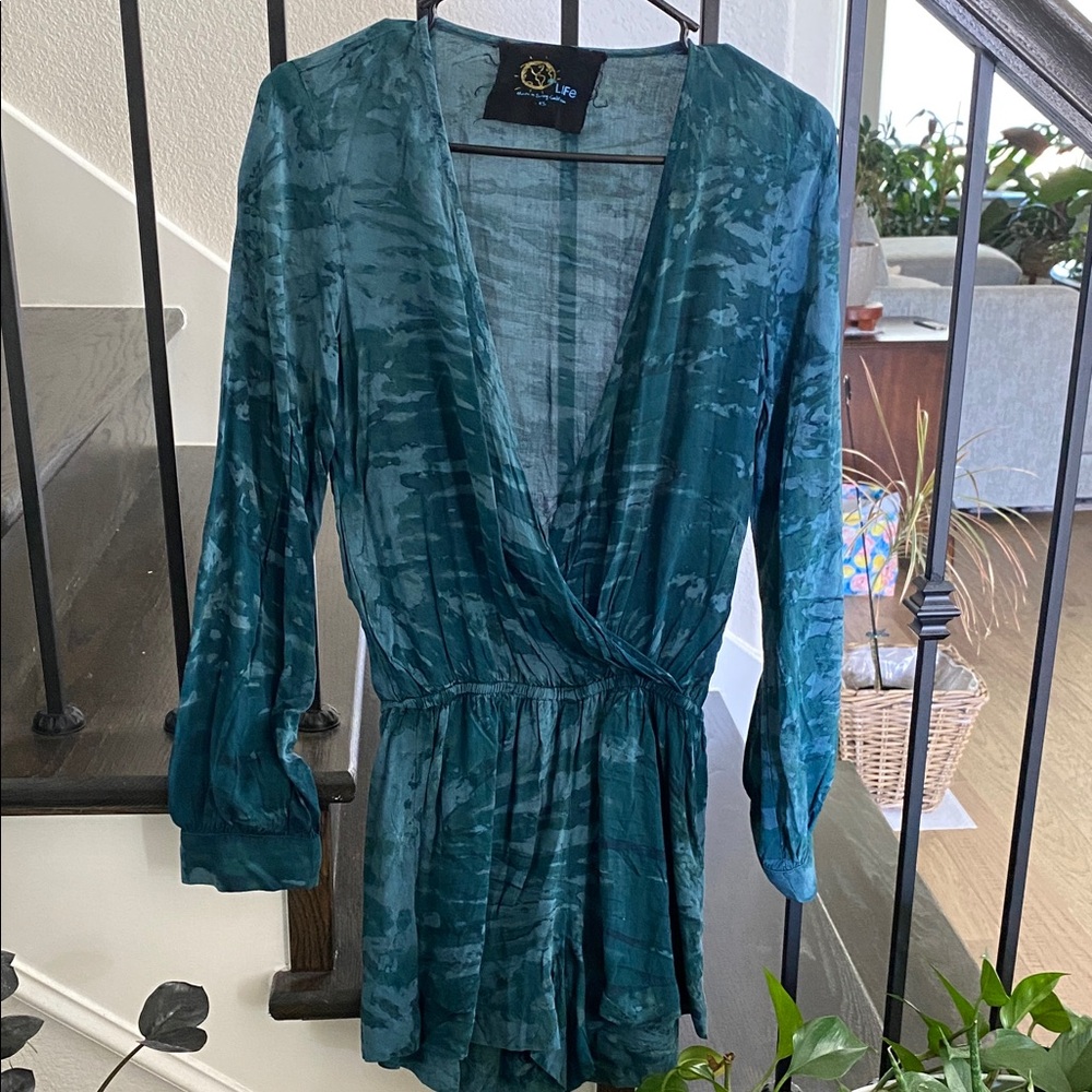 Blue Life Teal Green Satin Wrap Romper